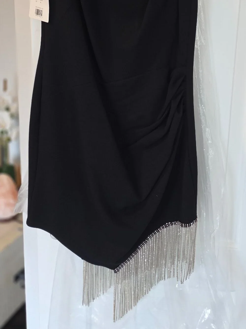 NWT SHO Tadashi Shoji Crystal Fringe Black Mini Dress M $308